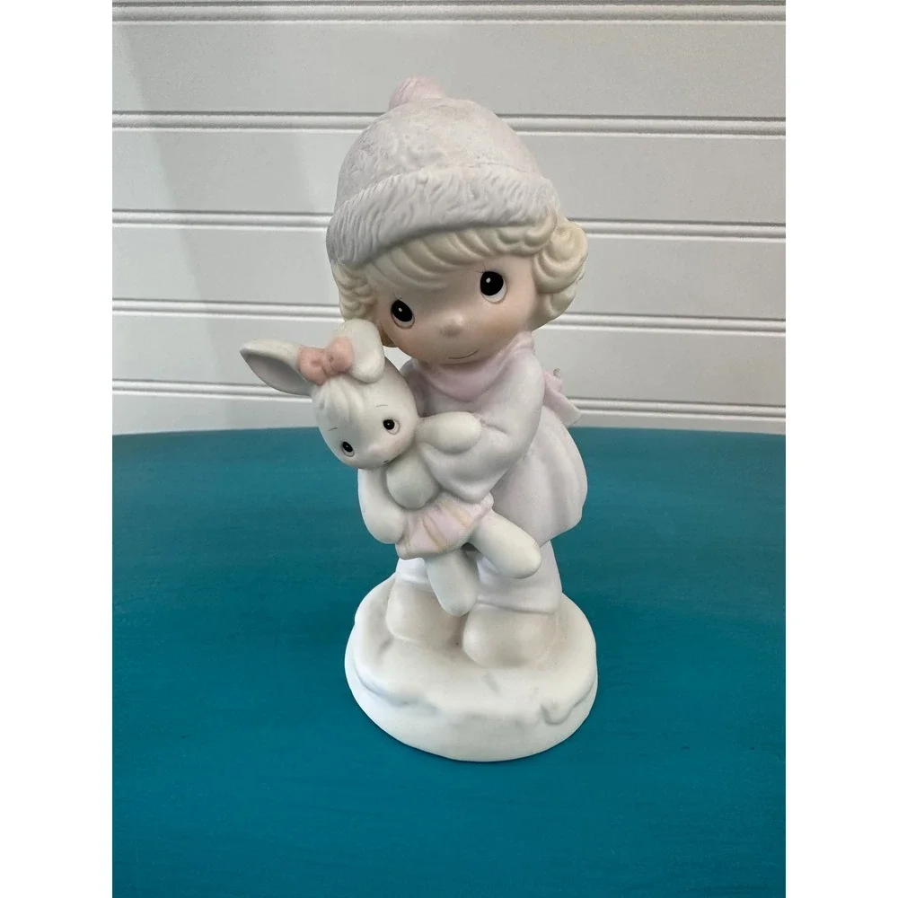 Porcelain Girl Holding Bunny Rabbit Figurine Pastel Pink Cute Cottagecore Decor